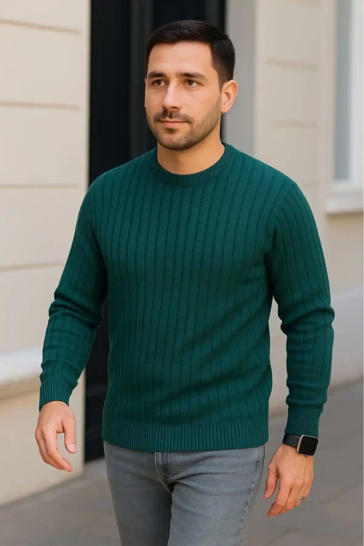 Erkek Fitilli Triko Kazak 2’li Set Siyah Haki Kalın Dokuma Pamuklu Regular Fit Bisiklet
