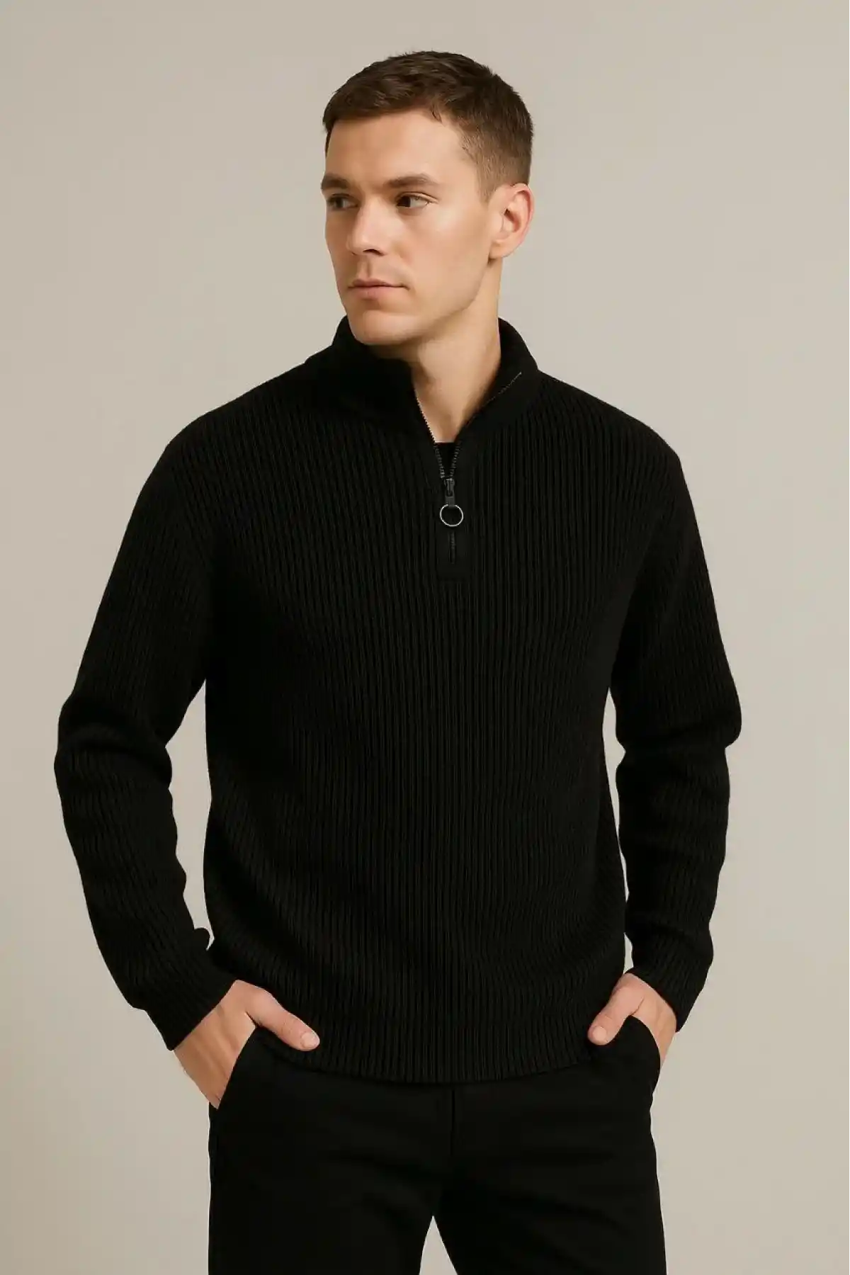 Erkek Fitilli Triko Kazak 2’li Set – Siyah & Haki Kalın Dokuma Pamuklu Regular Fit V Yaka Fermuarlı Uzun Kollu Rahat Kışlık Kazak Kombini