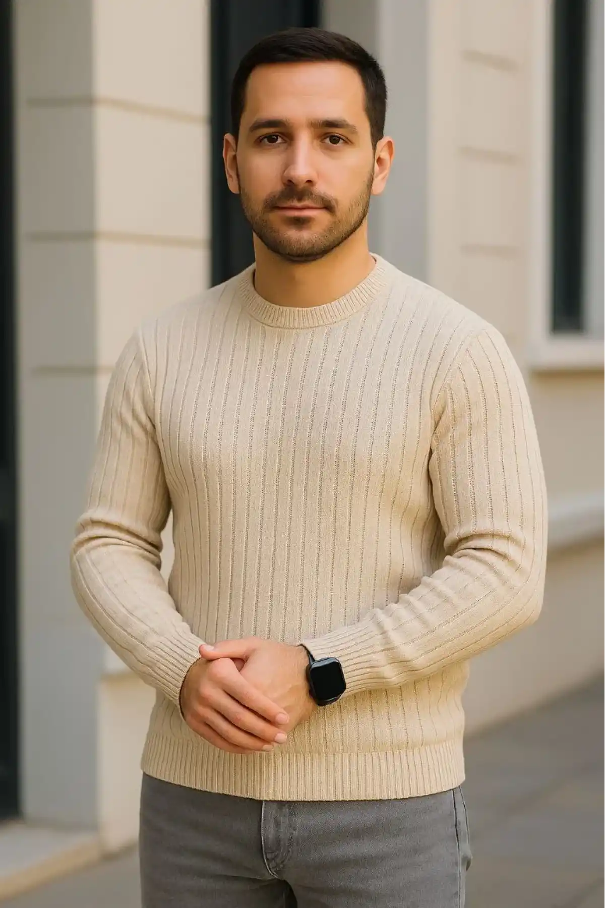 Erkek Fitilli Triko Kazak 3lü Set Bej Gri Siyah Regular Fit Bisiklet Yaka Triko Seti Kazak Modeli