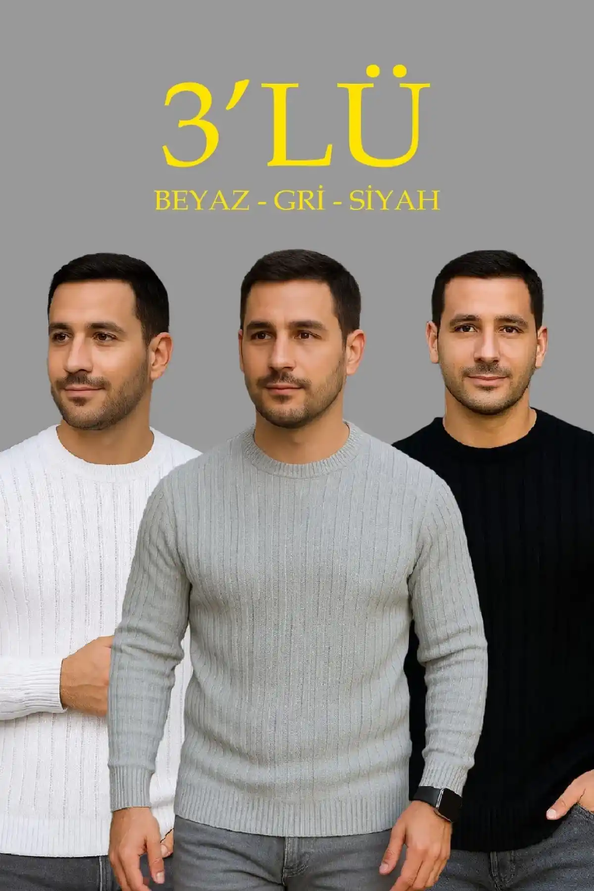 Erkek Fitilli Triko Kazak 3lü Set Beyaz Gri Siyah Regular Fit Bisiklet Yaka Triko Seti