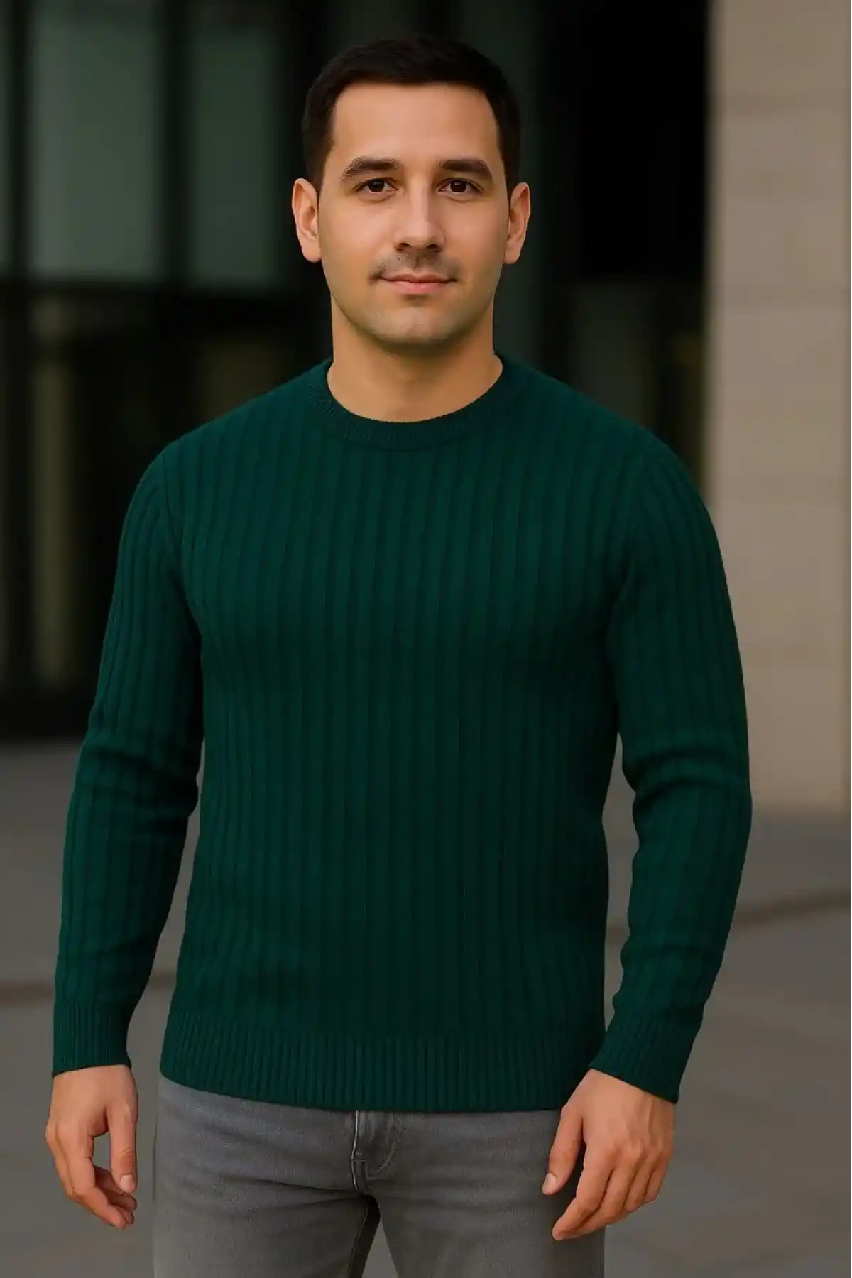 Erkek Fitilli Triko Kazak 3lü Set Gri Haki Siyah Regular Fit Bisiklet Yaka Triko Seti Modeli Kazak