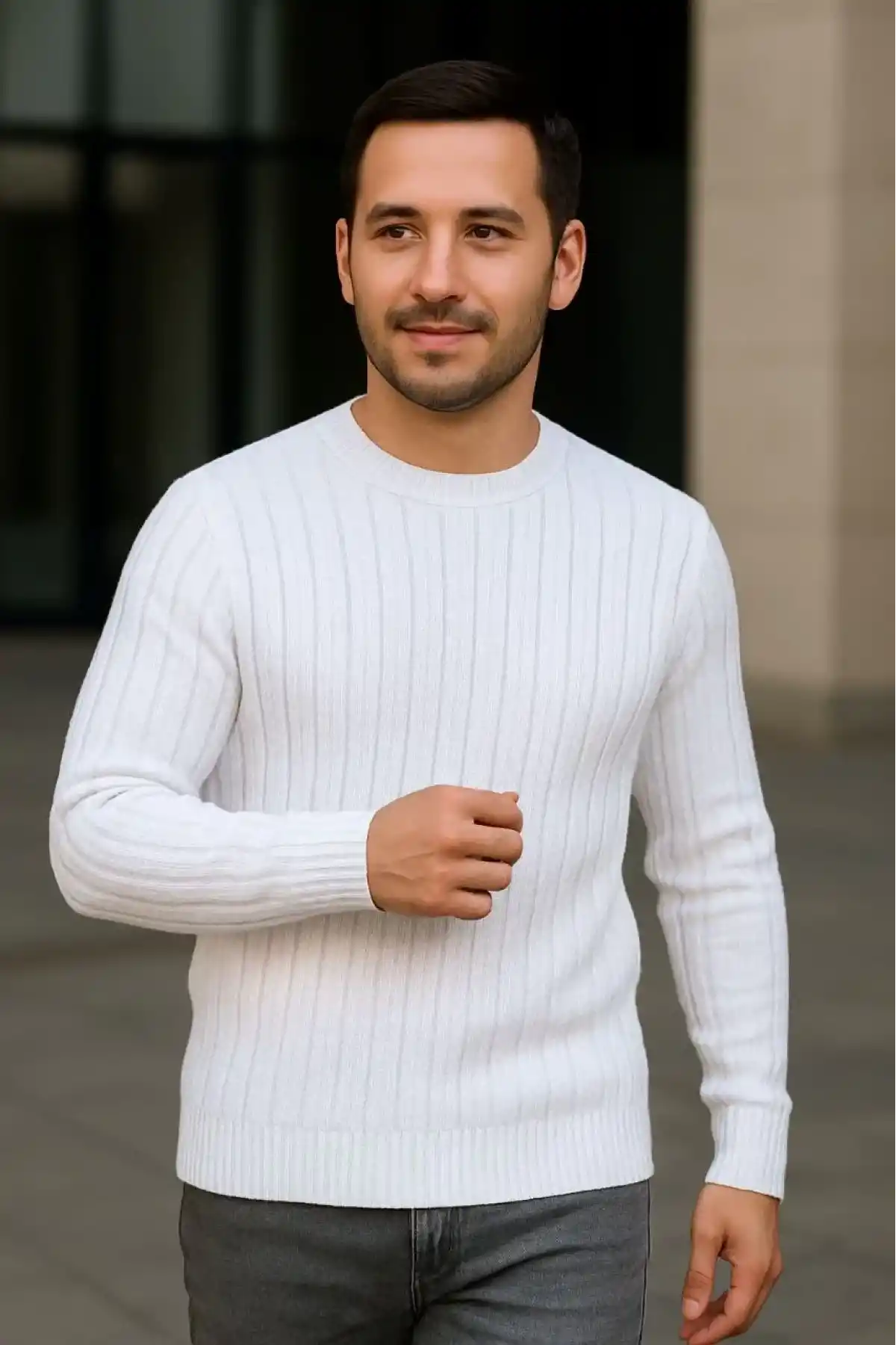Erkek Fitilli Triko Kazak 3’lü Set Bej Beyaz Siyah | Kalın Dokuma Pamuklu Regular Fit