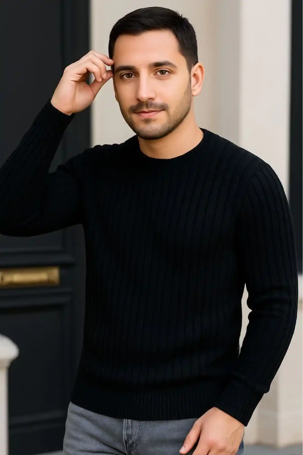 Erkek Fitilli Triko Kazak 3lü Set Gri Haki Siyah Regular Fit Bisiklet Yaka Triko Seti Modeli Kazak