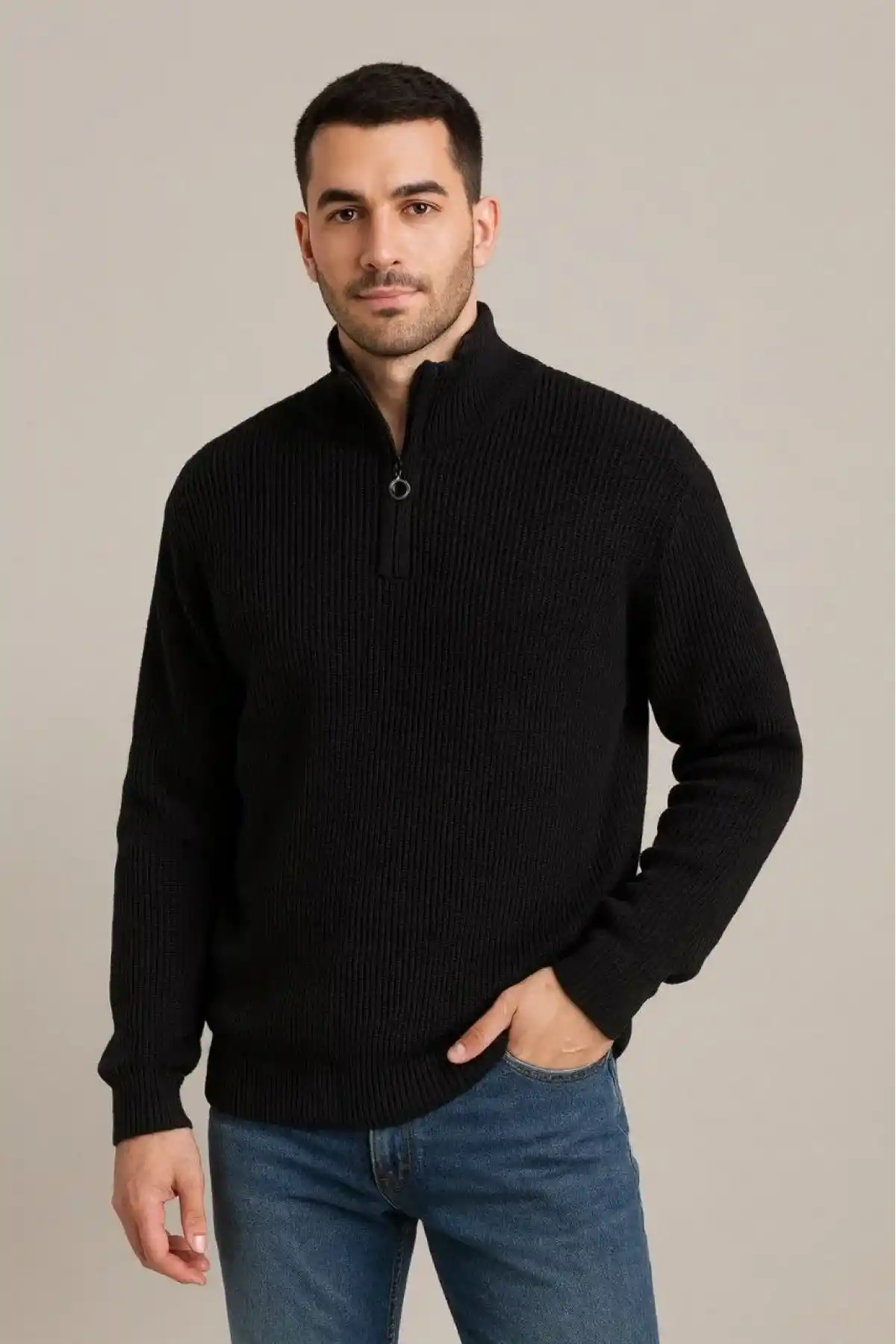 Erkek Fitilli Triko Kazak 3’lü Set Mint Yeşili Siyah Bej Kalın Dokuma Pamuklu Regular Fit