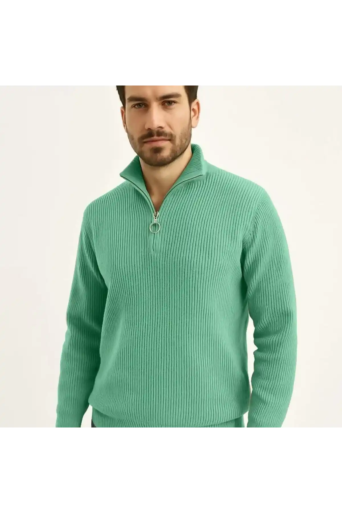 Erkek Fitilli Triko Kazak 3’lü Set Mint Yeşili Siyah Bej Kalın Dokuma Pamuklu Regular Fit