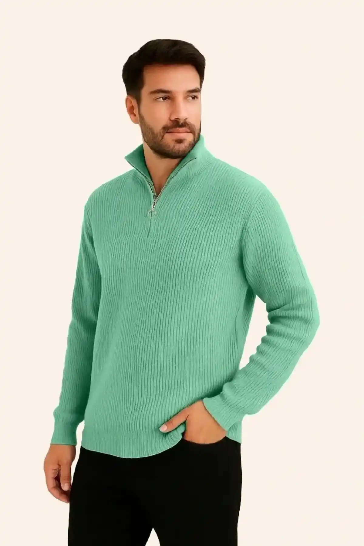 Erkek Fitilli Triko Kazak 3’lü Set Mint Yeşili Siyah Bej Kalın Dokuma Pamuklu Regular Fit