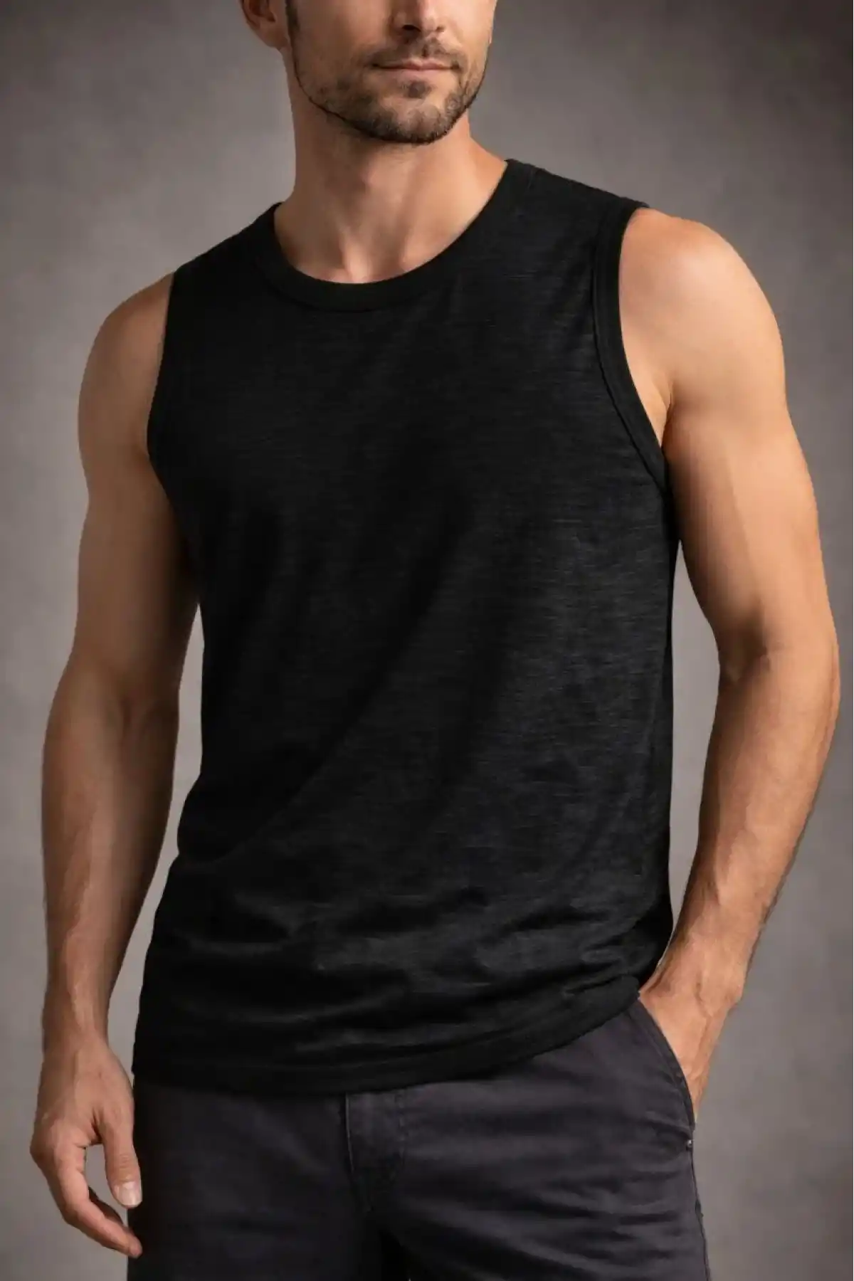 Erkek Flamlı Kumaş Sıfır Kolsuz Atlet Basic Spor Üst, Günlük ve Fitness Kullanımına Uygun - Siyah