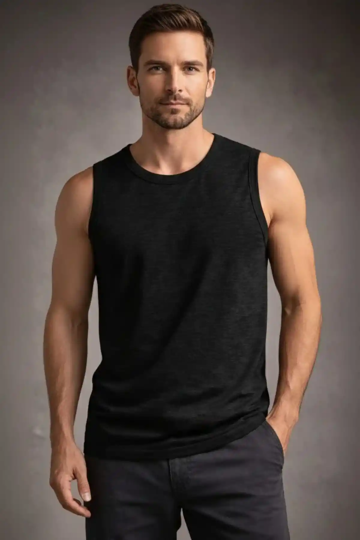 Erkek Flamlı Kumaş Sıfır Kolsuz Atlet Basic Spor Üst, Günlük ve Fitness Kullanımına Uygun - Siyah