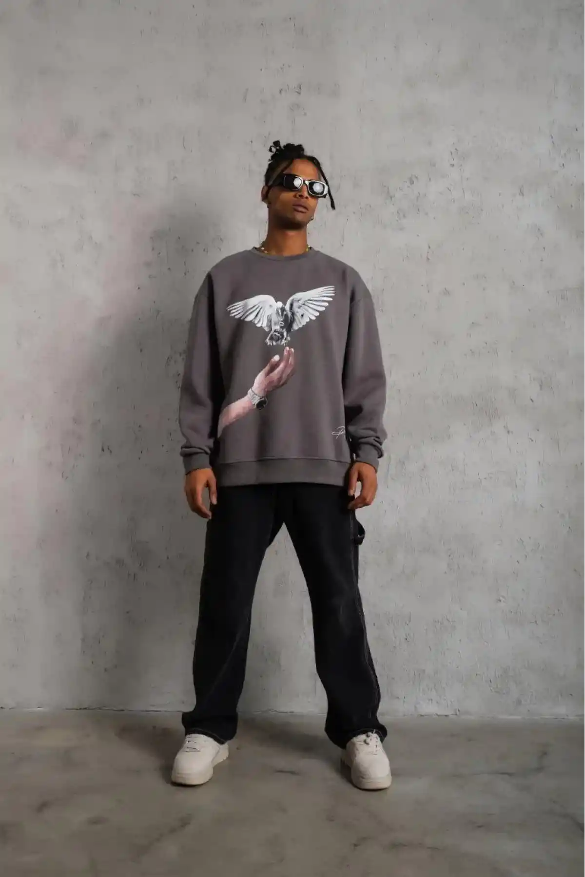 Erkek Güvercin Baskılı Sweatshirt - Gri