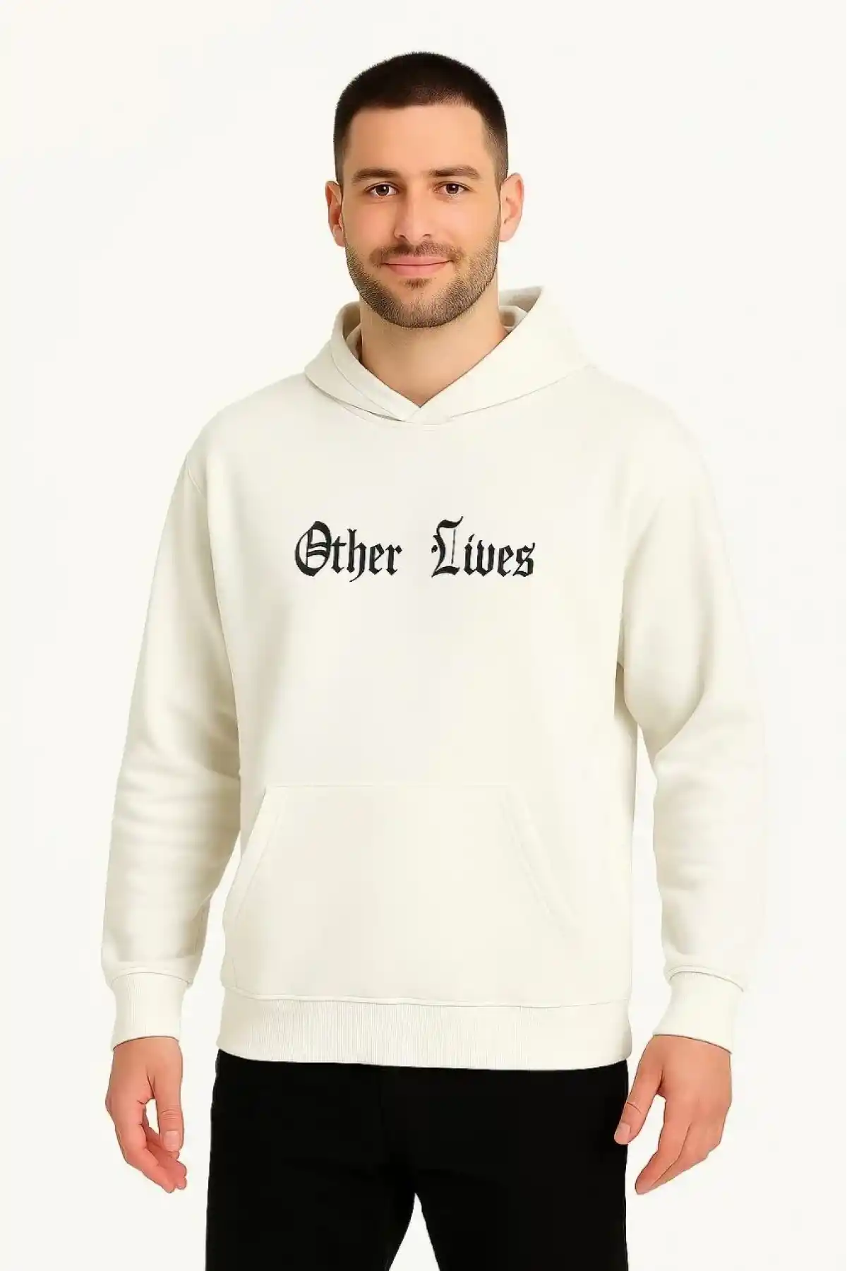 Erkek Kapşonlu Sweatshirt – Oversize Üç İplik Şardonlu Hoodie, “Other Lives” Ön & Arka Baskılı, Kanguru Cepli, Kışlık Rahat Günlük Stil - Beyaz