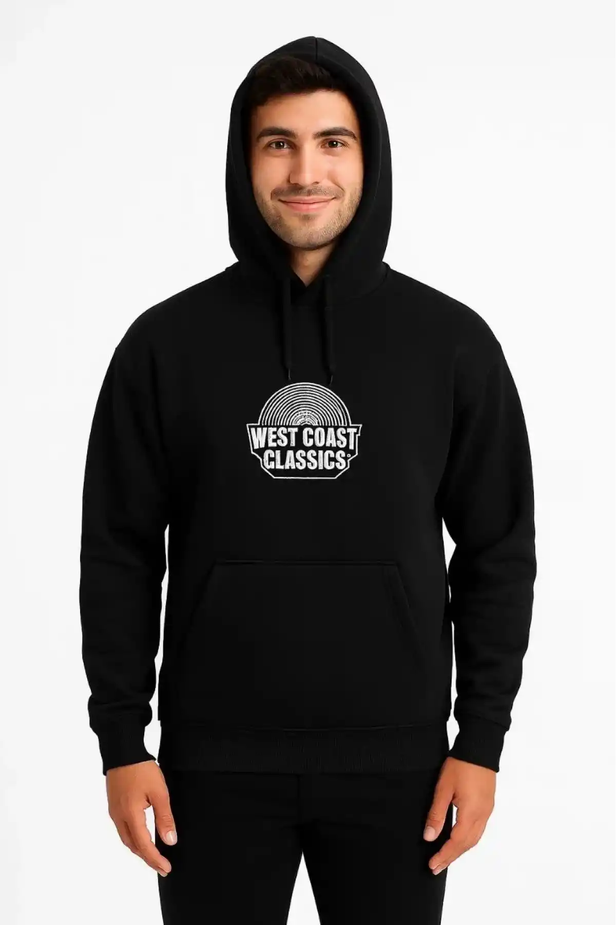 Erkek Kapşonlu Sweatshirt – Oversize Üç İplik Şardonlu Hoodie, “West Coast Classics” Ön & Arka Baskılı, Kanguru Cepli Kışlık Günlük Stil - Siyah