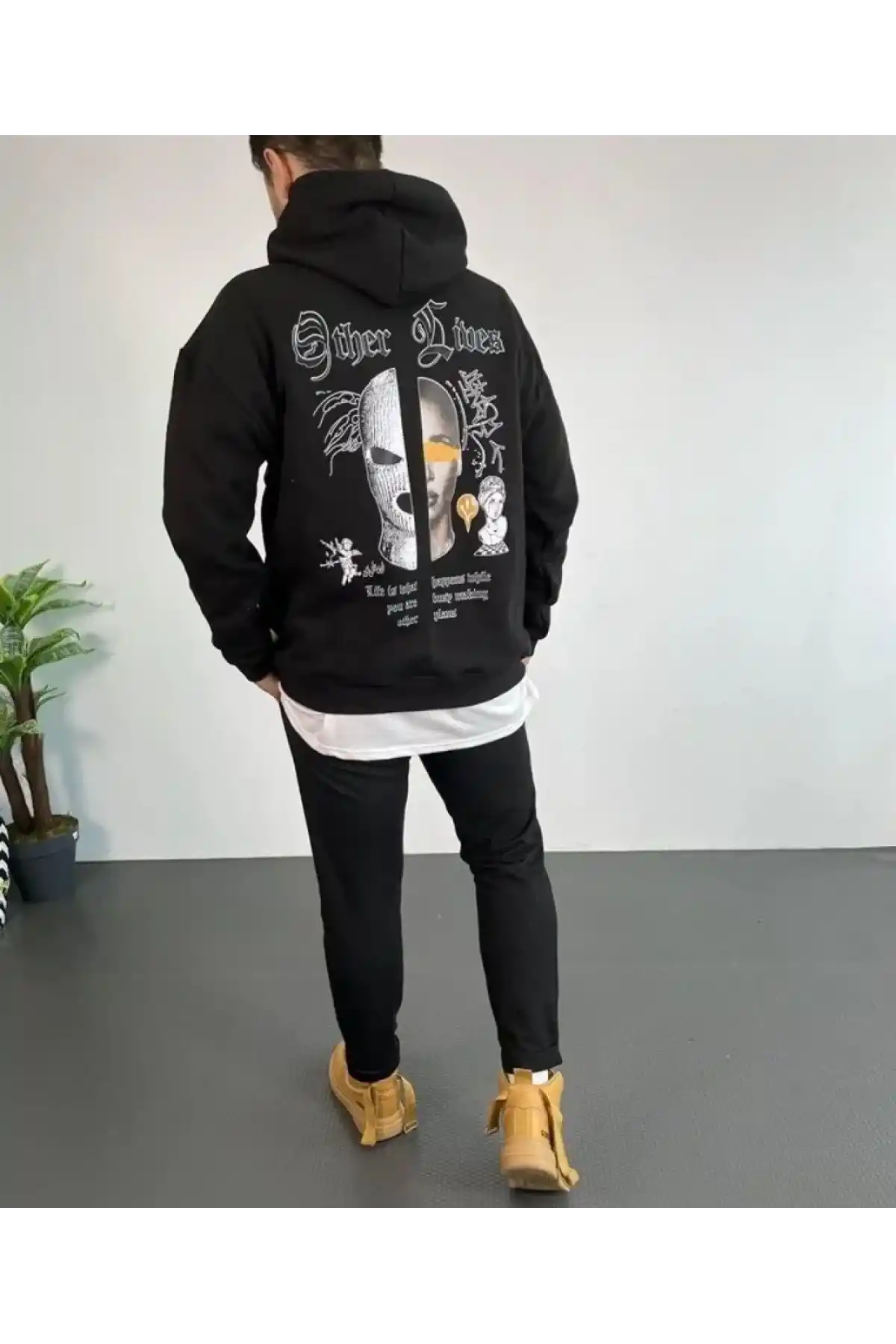 Erkek Kapşonlu Sweatshirt Oversize Üç İplik Şardonlu Other Lives Ön Arka Baskılı - Siyah