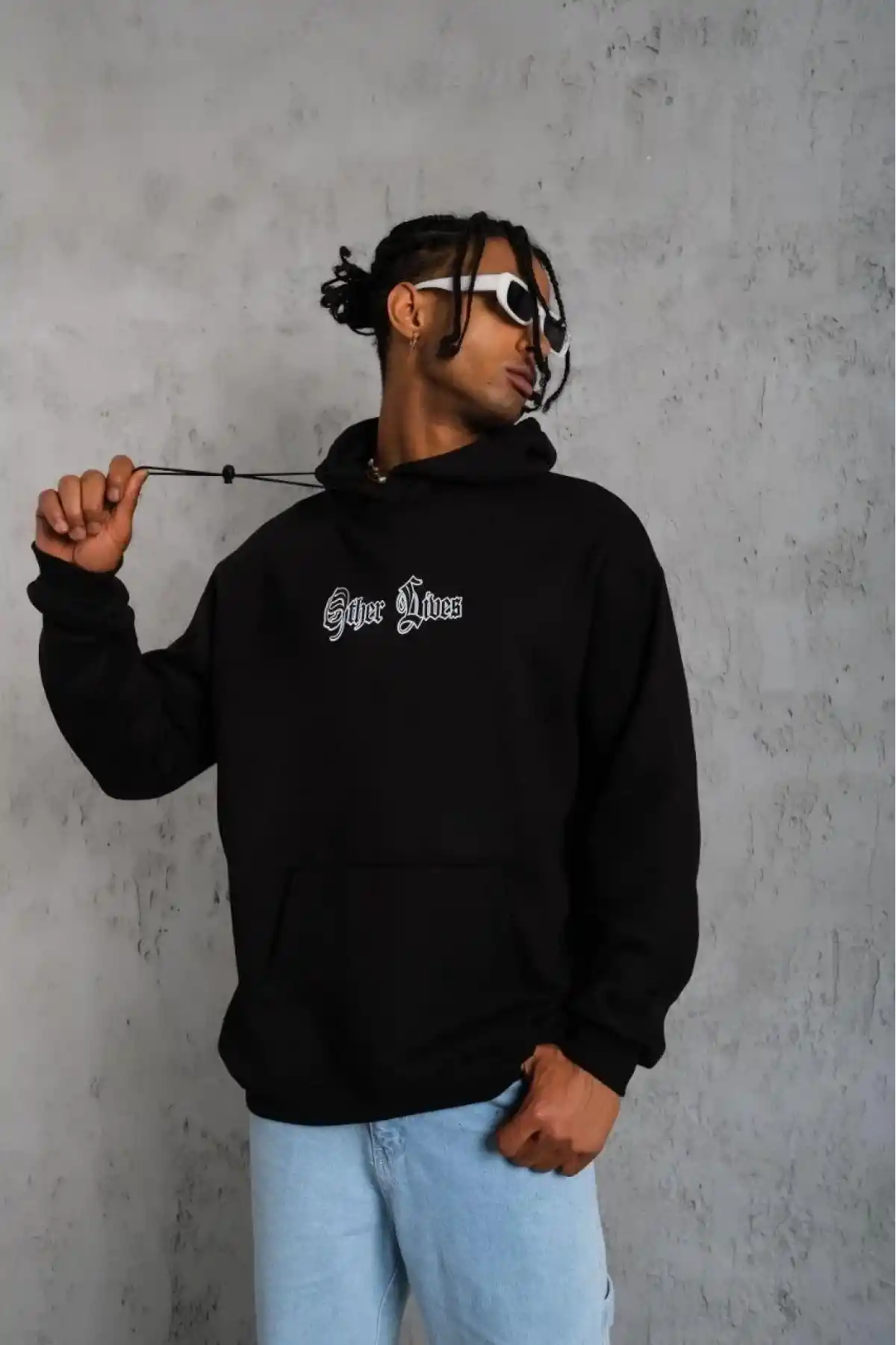 Erkek Kapşonlu Sweatshirt Oversize Üç İplik Şardonlu Other Lives Ön Arka Baskılı - Siyah