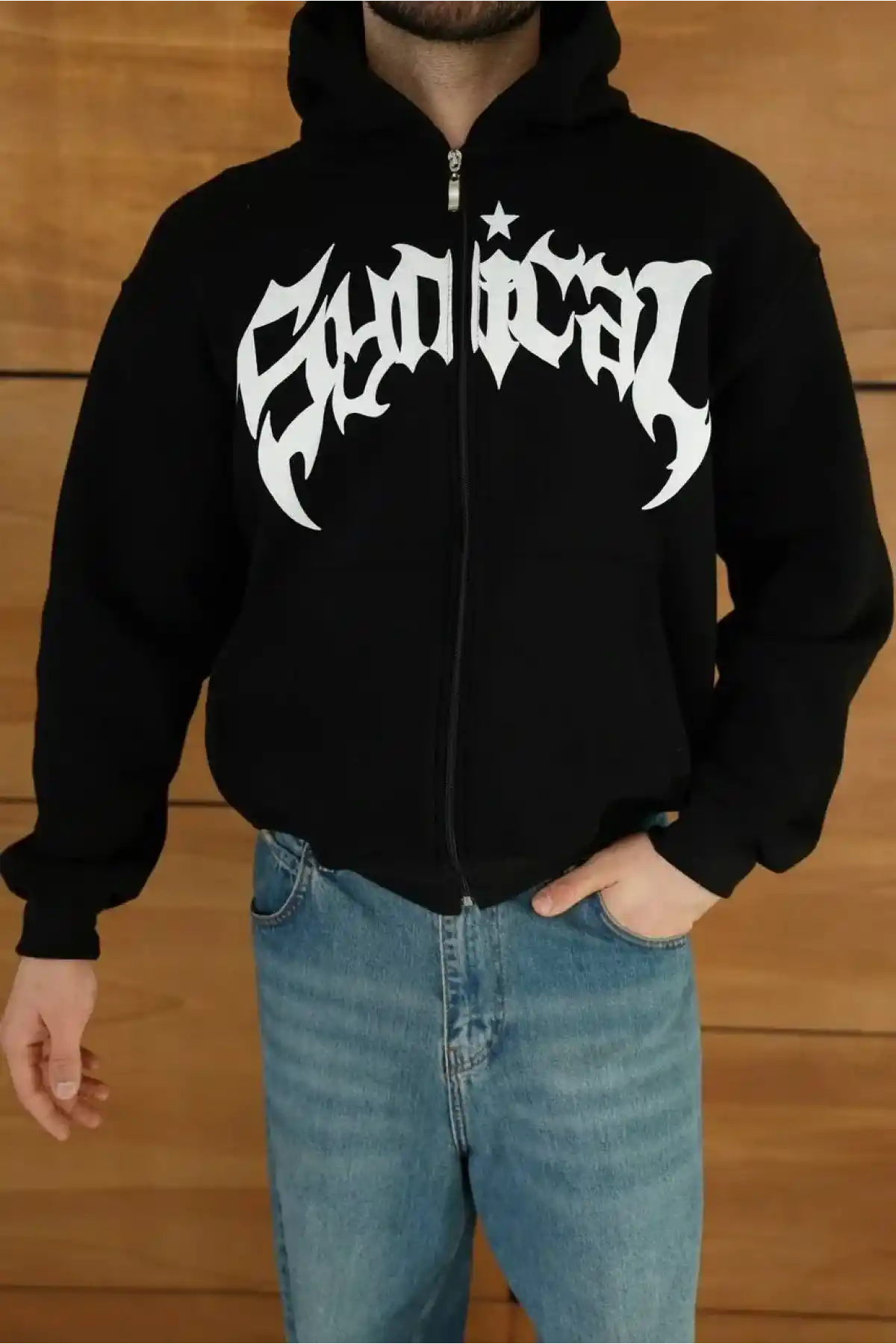 Erkek Kapüşonlu 3 İplik Şardonlu Önü Baskılı Fermuarlı Oversize Sweatshirt - Siyah