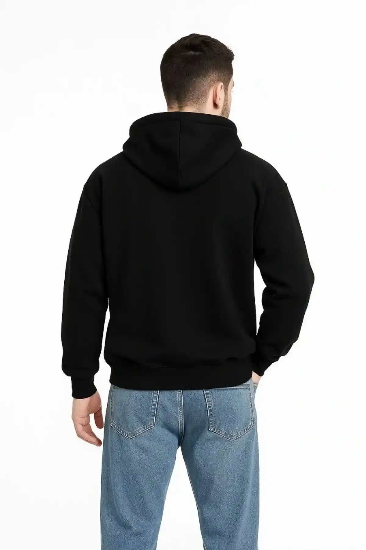 Erkek Kapüşonlu 3 İplik Şardonlu Önü Baskılı Fermuarlı Oversize Sweatshirt - Siyah