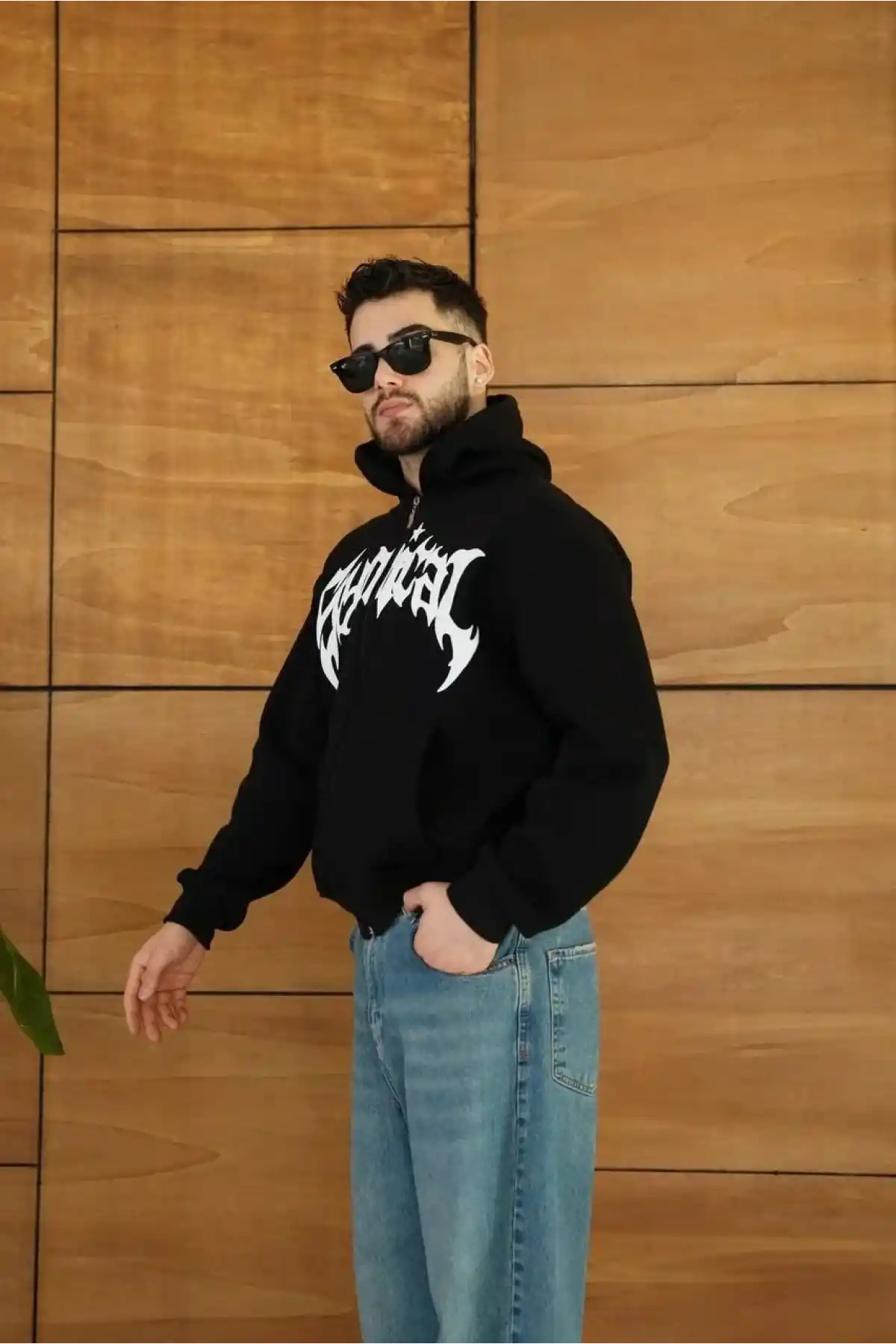Erkek Kapüşonlu 3 İplik Şardonlu Önü Baskılı Fermuarlı Oversize Sweatshirt - Siyah