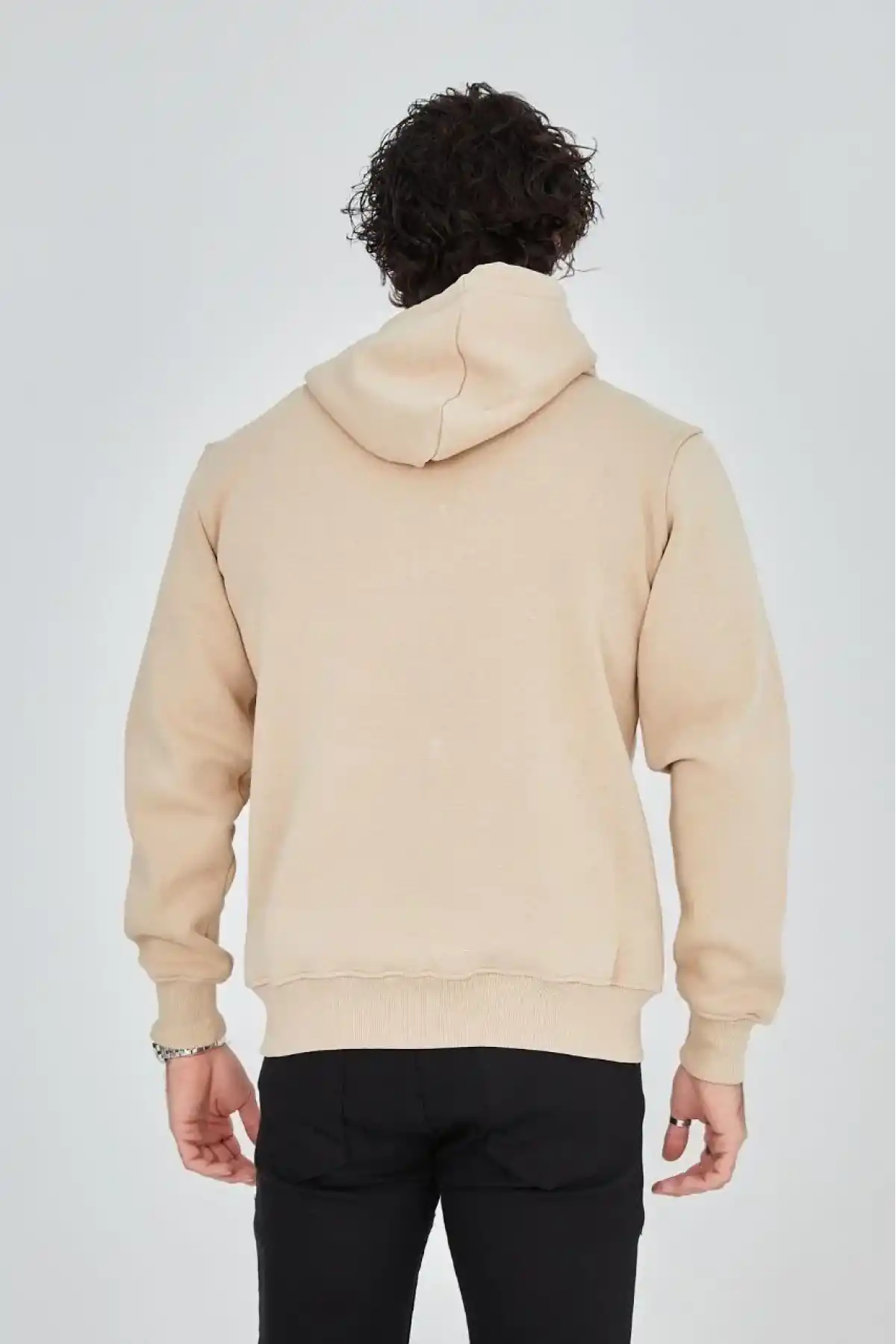 Erkek 3 İplik Pamuklu Fermuarlı Kapüşonlu Kanguru Cepli Baskılı Hoodie Hırka Sweatshirt - Bej