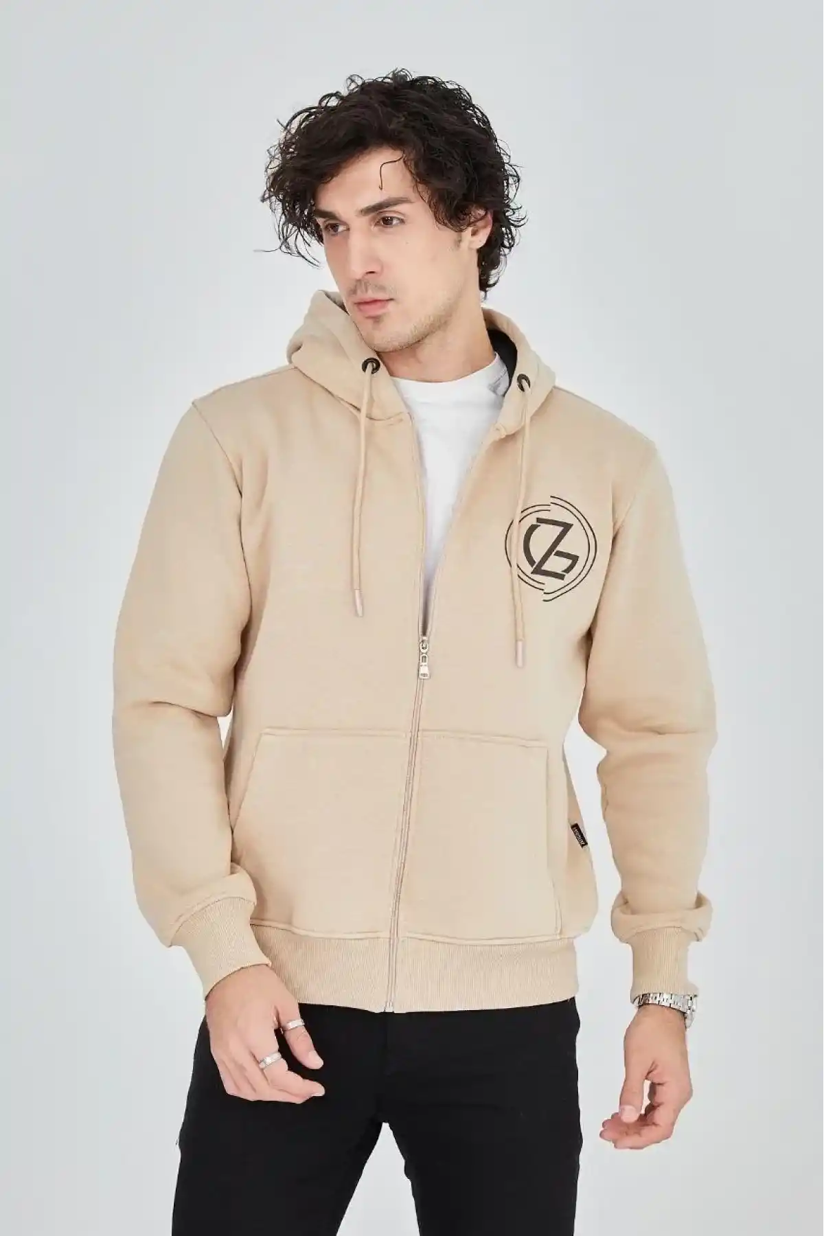 Erkek 3 İplik Pamuklu Fermuarlı Kapüşonlu Kanguru Cepli Baskılı Hoodie Hırka Sweatshirt - Bej