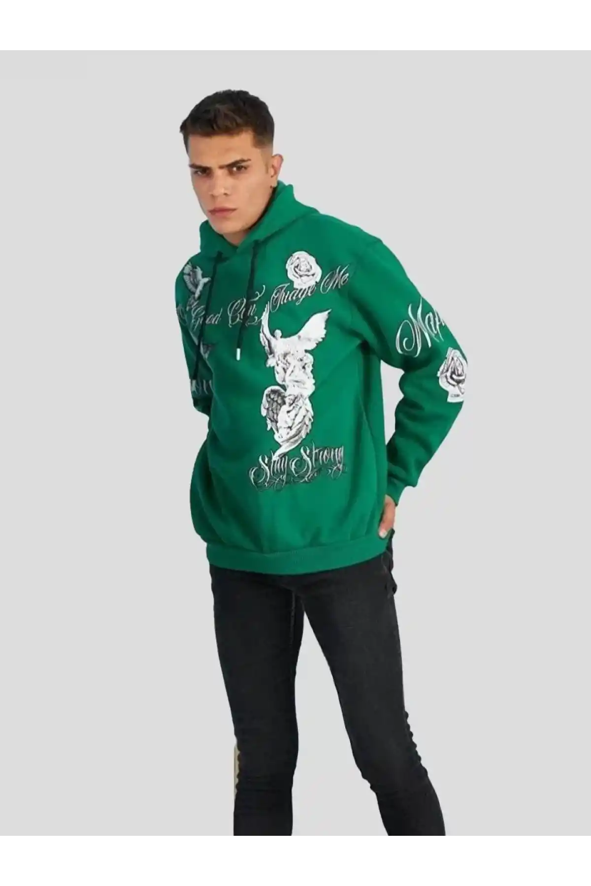Erkek Kapüşonlu Strong Heykel Baskılı Sweatshirt - Yeşil