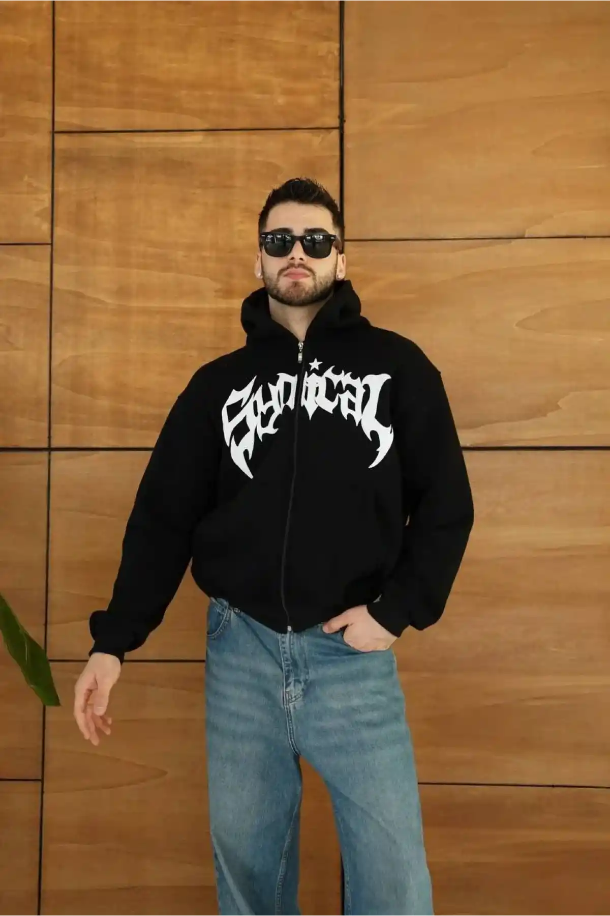 Erkek Kapüşonlu 3 İplik Şardonlu Önü Baskılı Fermuarlı Oversize Sweatshirt - Siyah