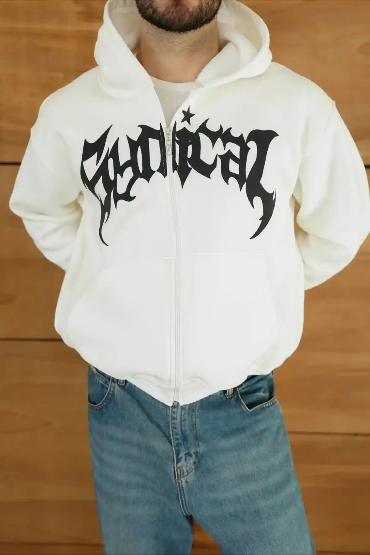 Erkek Kapüşonlu 3 İplik Şardonlu Önü Baskılı Fermuarlı Oversize Sweatshirt - Beyaz