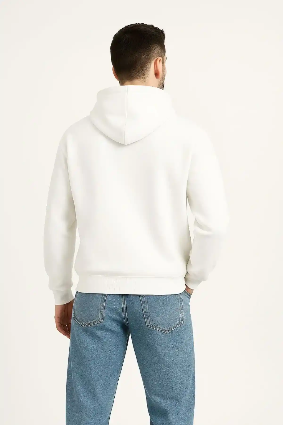 Erkek Kapüşonlu 3 İplik Şardonlu Önü Baskılı Fermuarlı Oversize Sweatshirt - Beyaz