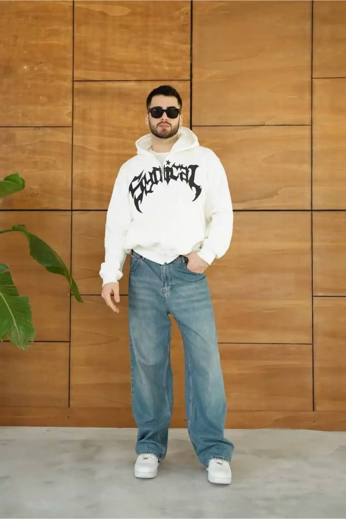 Erkek Kapüşonlu 3 İplik Şardonlu Önü Baskılı Fermuarlı Oversize Sweatshirt - Beyaz