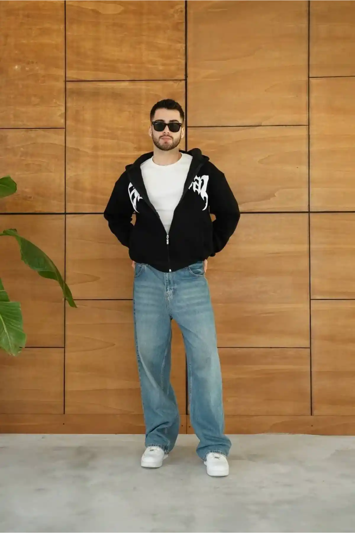 Erkek Kapüşonlu 3 İplik Şardonlu Önü Baskılı Fermuarlı Oversize Sweatshirt - Siyah