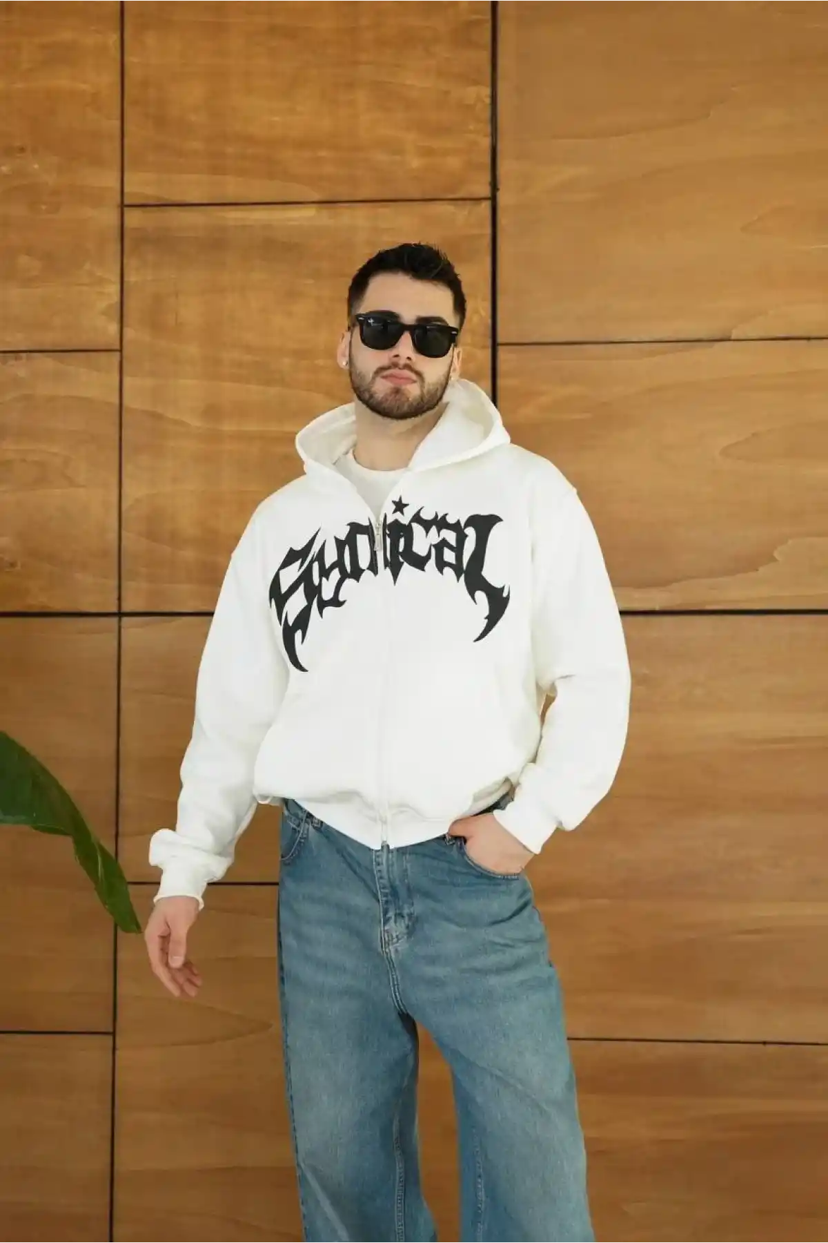 Erkek Kapüşonlu 3 İplik Şardonlu Önü Baskılı Fermuarlı Oversize Sweatshirt - Beyaz