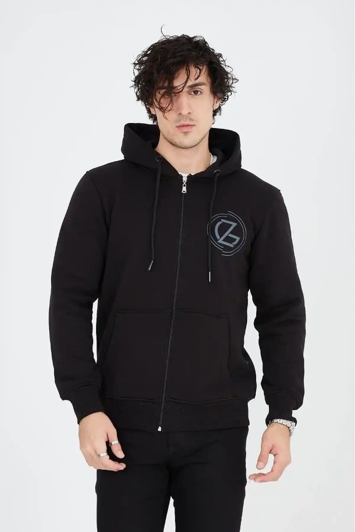 Erkek Kapüşonlu Z Baskılı Fermuarlı Hırka - Siyah
