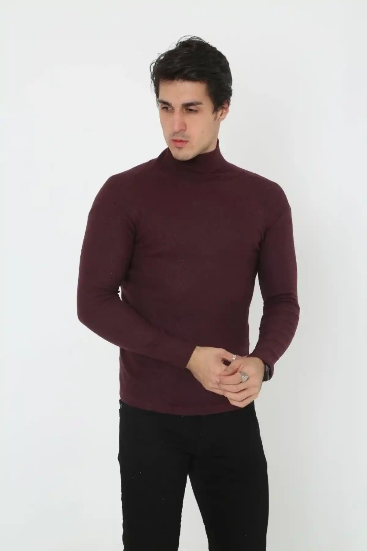 Erkek Kaşkorse Boğazlı Full Likralı Fitilli Body Kazak - Bordo