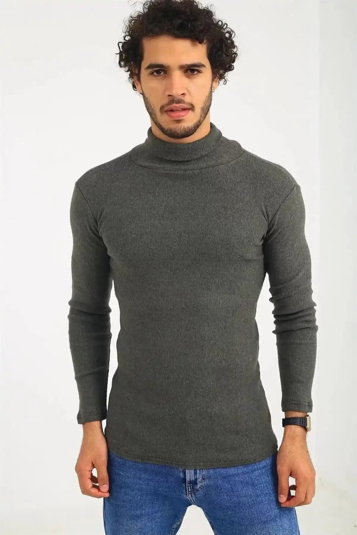 Erkek Kaşkorse Boğazlı Full Likralı Fitilli Body Kazak - Haki