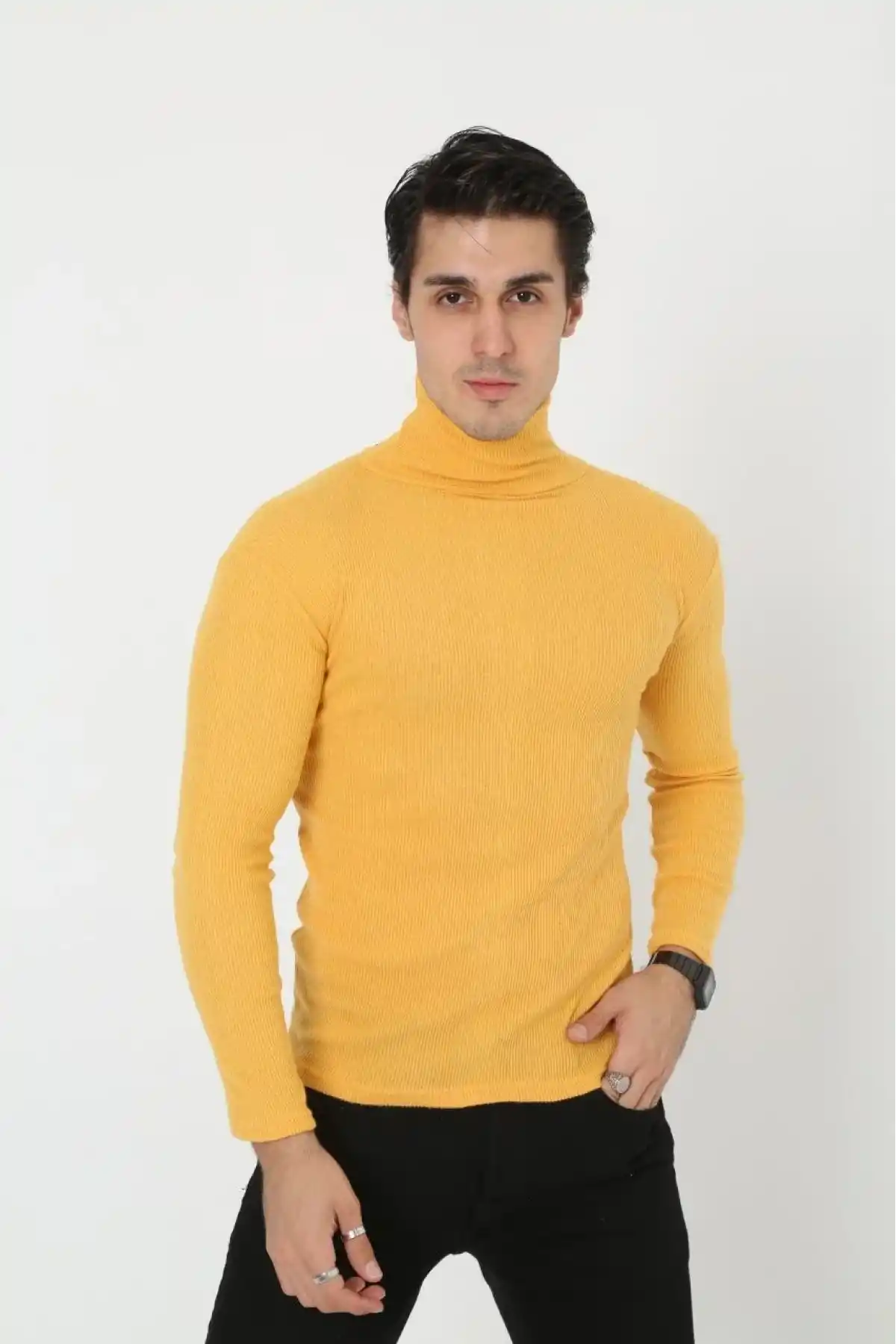 Erkek Kaşkorse Boğazlı Full Likralı Fitilli Body Kazak - Sarı