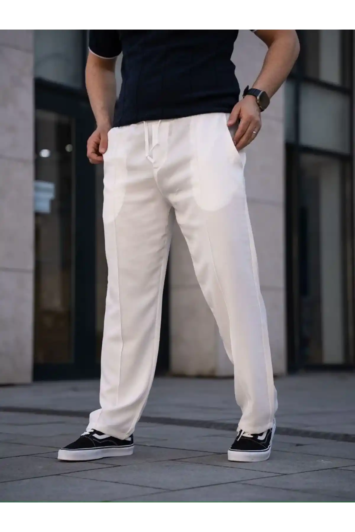 Erkek Keten Cepli Çıma Dikişli jogger Buggy Pantalon Rahat kalıp - Beyaz