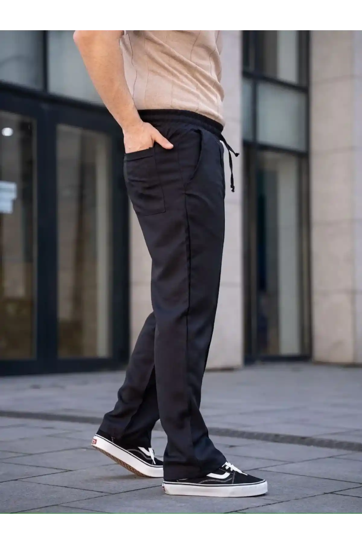 Erkek Keten Cepli Çıma Dikişli jogger Buggy Pantalon Rahat kalıp - Siyah