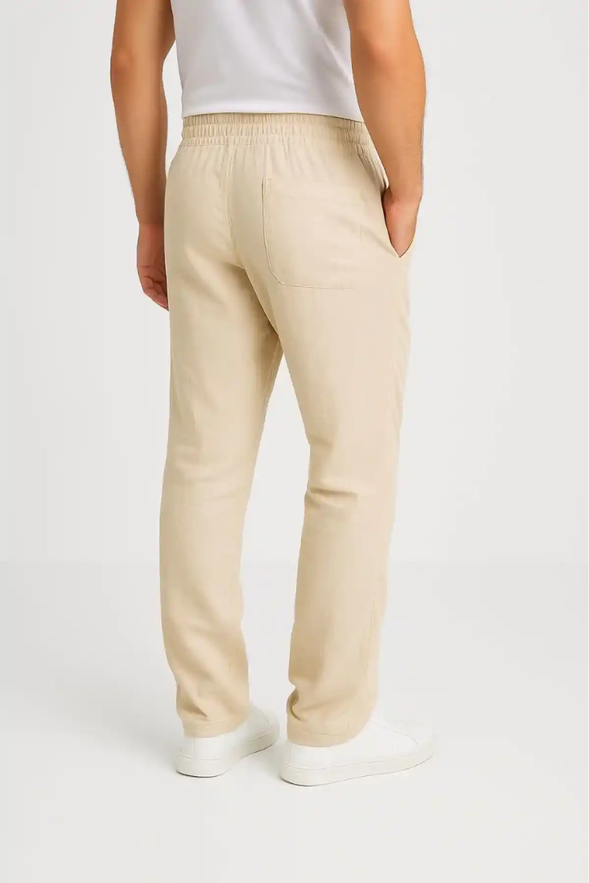 Erkek Keten Pantolon – Cepli, Beli Lastikli ve Bağcıklı, Nefes Alan Rahat Kalıp, Yazlık ve Baharlık Günlük Giyim, Şık & Konforlu Boru Paça Model - Bej