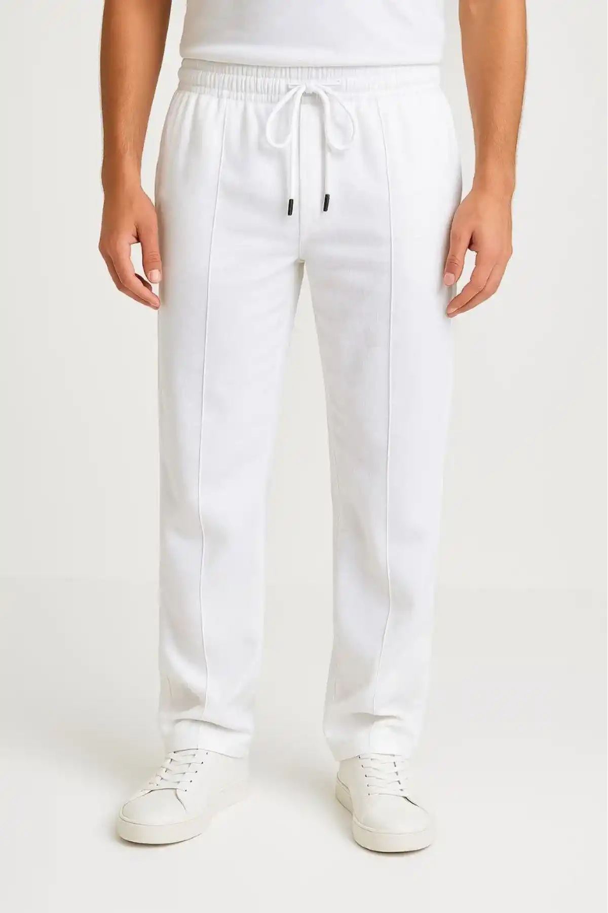 Erkek Keten Pantolon – Cepli, Beli Lastikli ve Bağcıklı, Nefes Alan Rahat Kalıp, Yazlık ve Baharlık Günlük Giyim, Şık & Konforlu Boru Paça Model - Beyaz