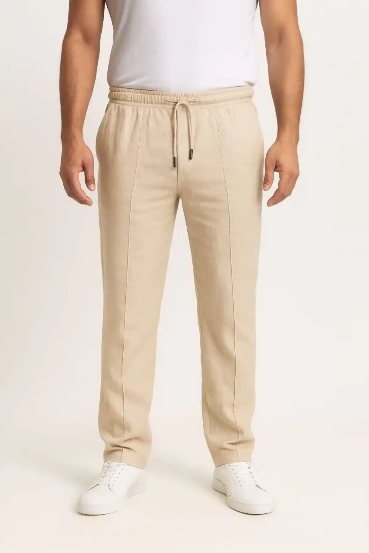 Erkek Keten Pantolon – Cepli, Beli Lastikli ve Bağcıklı, Nefes Alan Rahat Kalıp, Yazlık ve Baharlık Günlük Giyim, Şık & Konforlu Boru Paça Model - Bej