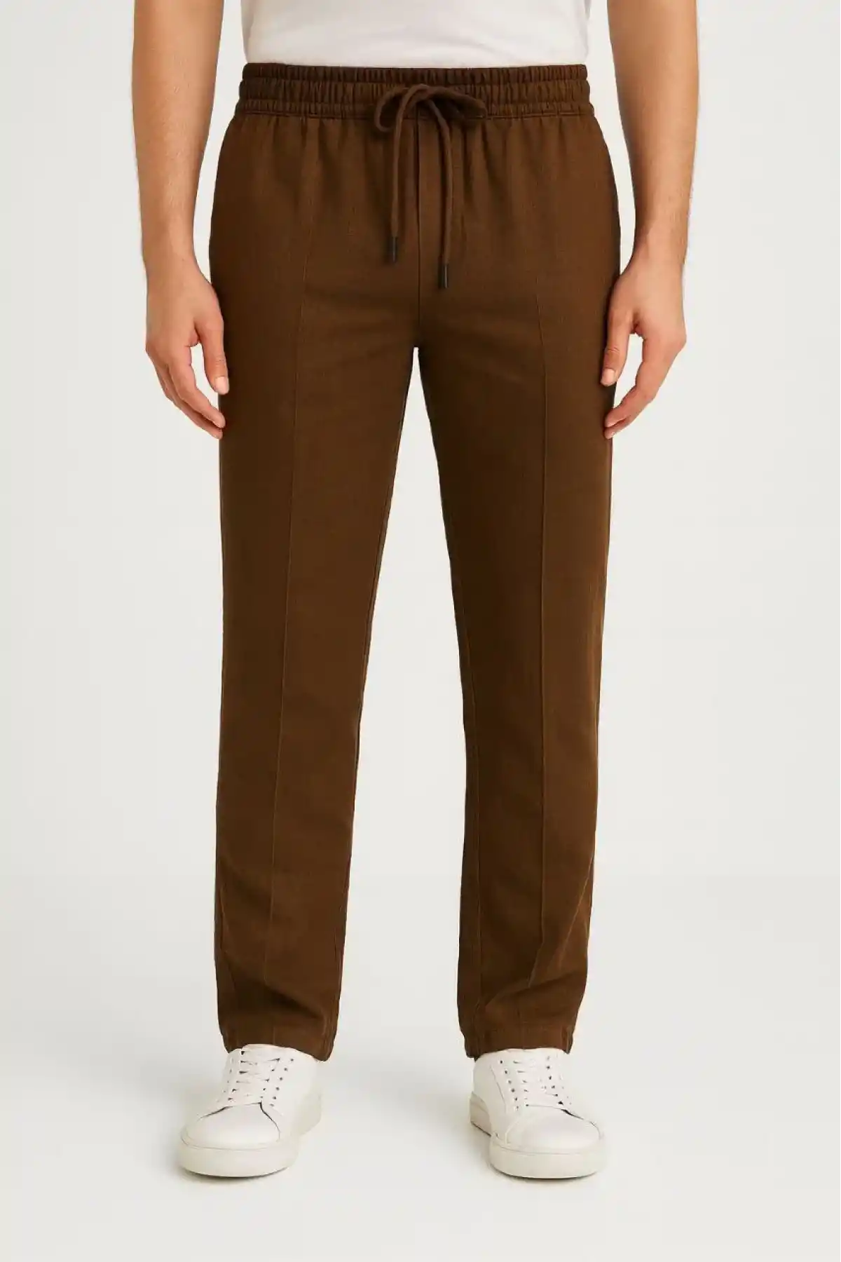 Erkek Keten Pantolon – Cepli, Beli Lastikli ve Bağcıklı, Nefes Alan Rahat Kalıp, Yazlık ve Baharlık Günlük Giyim, Şık & Konforlu Boru Paça Model - Kahverengi