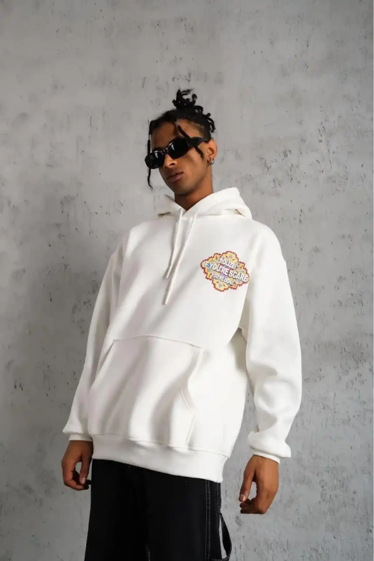 Erkek 3 İplik Pamuklu Kapüşonlu Baskılı Cepli Oversize Sweatshirt Hoodie - Beyaz