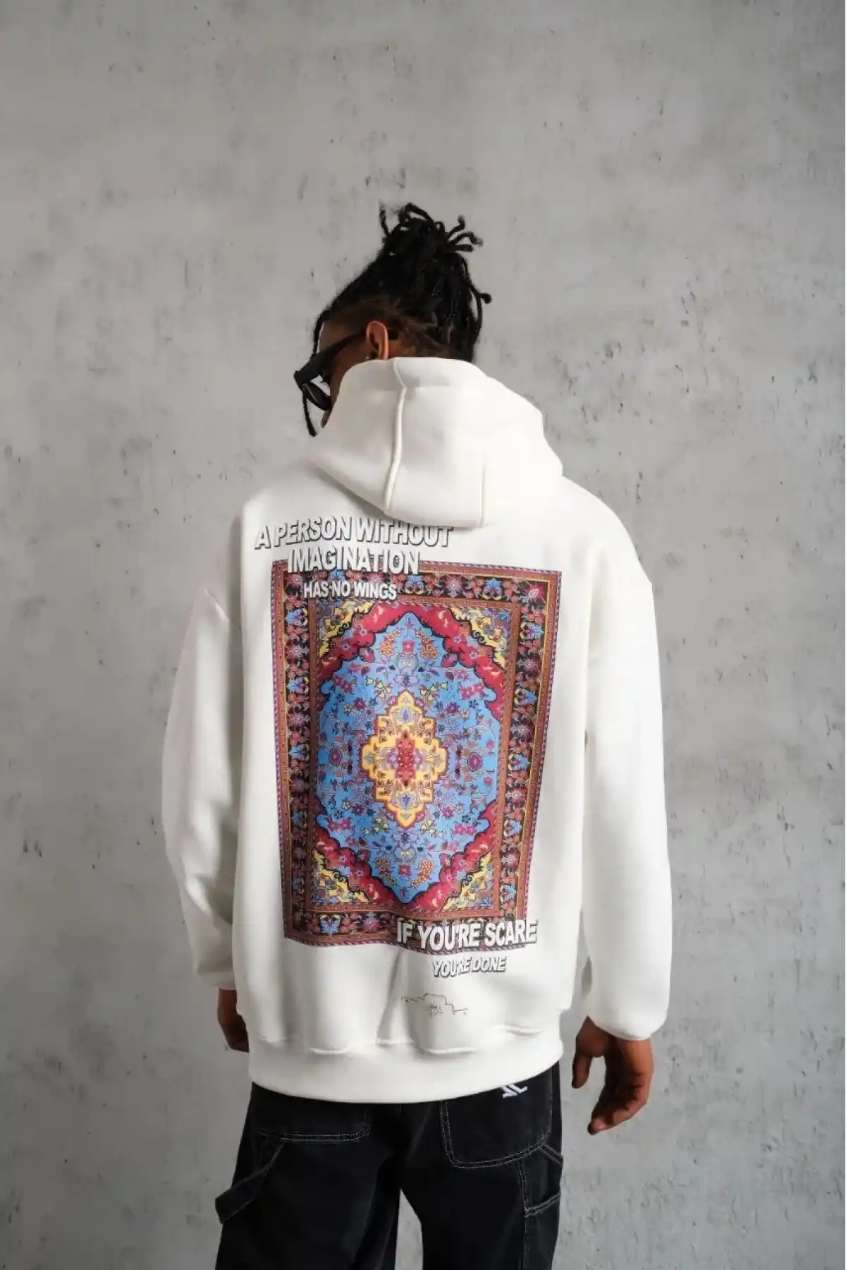 Erkek 3 İplik Pamuklu Kapüşonlu Baskılı Cepli Oversize Sweatshirt Hoodie - Beyaz