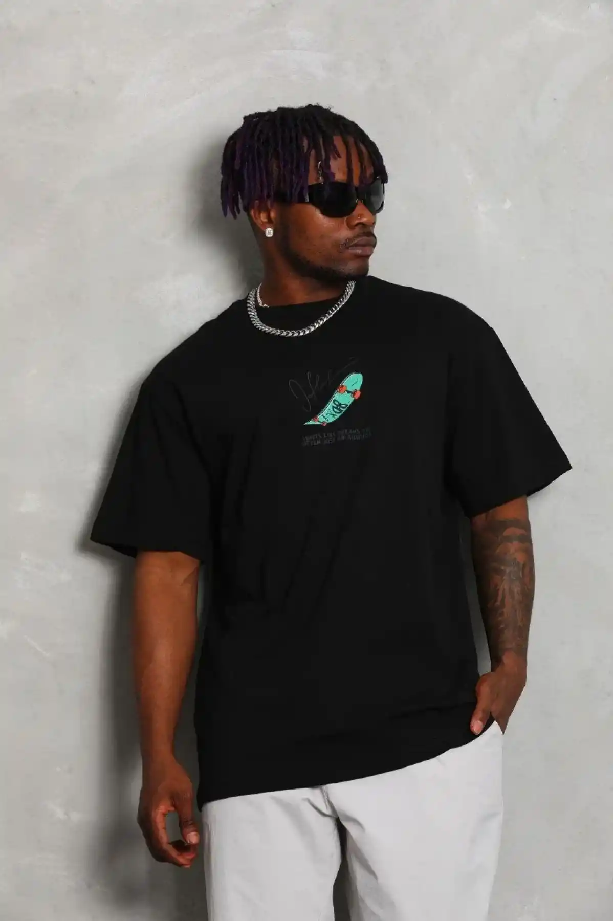 Erkek Baskılı T-Shirt Kısa Kol Bisiklet Yaka Rahat Kalıp Tişört - Siyah