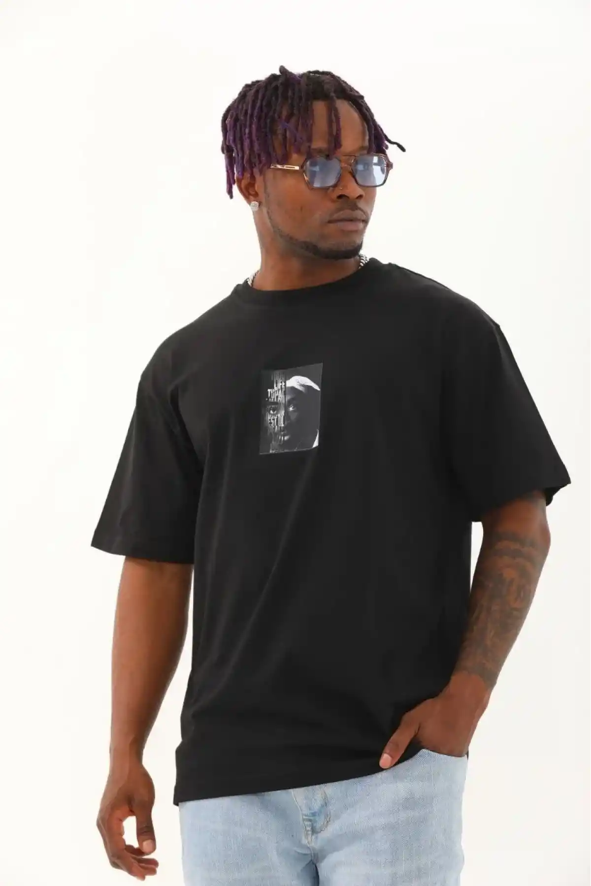 Erkek Kısa Kol Oversize Baskılı Bisiklet Yaka T-Shirt - Siyah