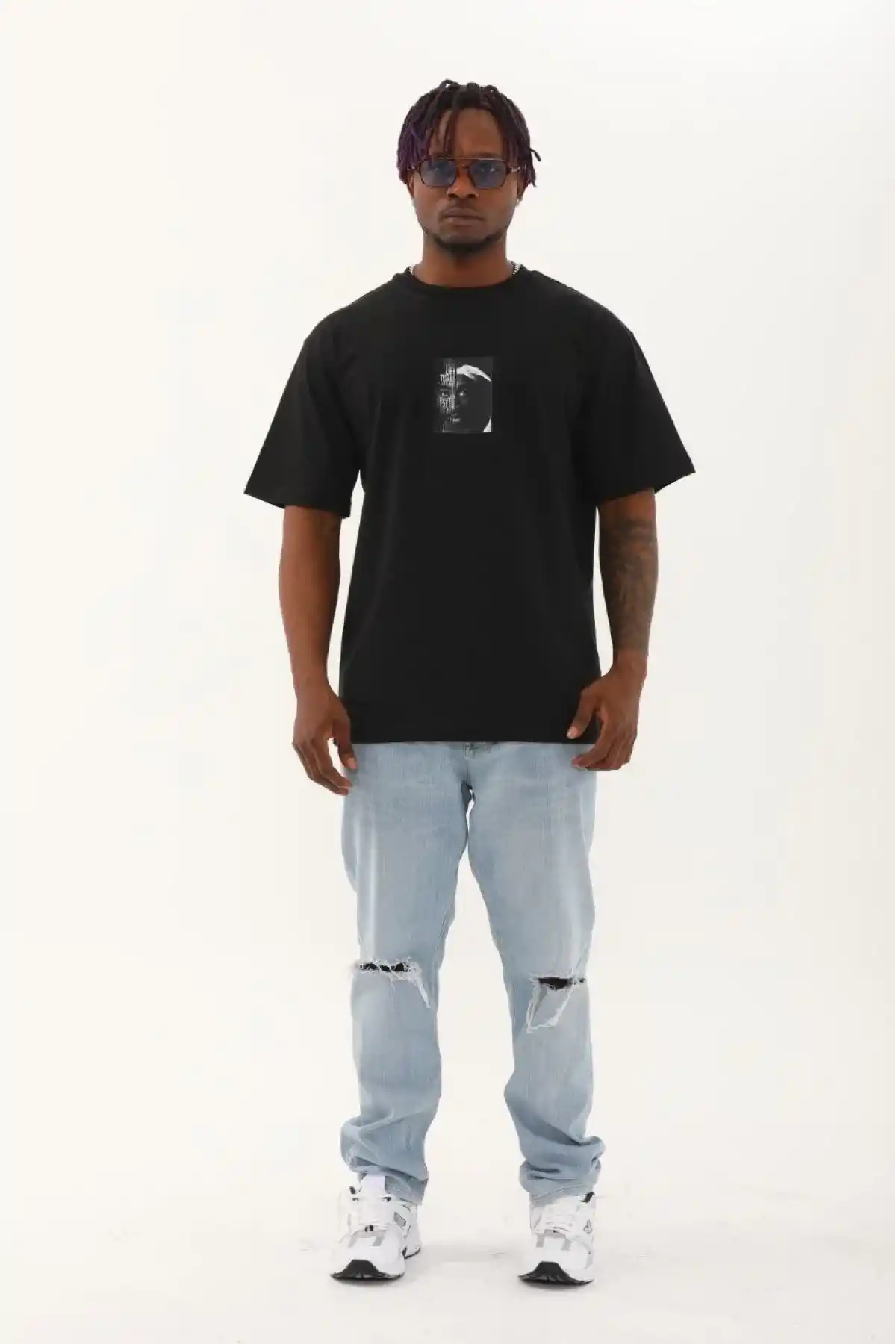 Erkek Kısa Kol Oversize Baskılı Bisiklet Yaka T-Shirt - Siyah
