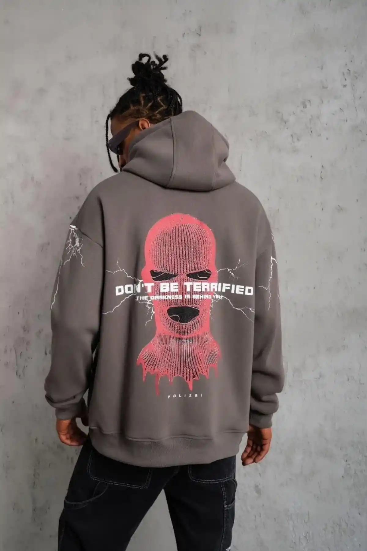 Erkek 3 İplik Pamuklu Kapüşonlu Baskılı Cepli Oversize Sweatshirt Hoodie - Gri