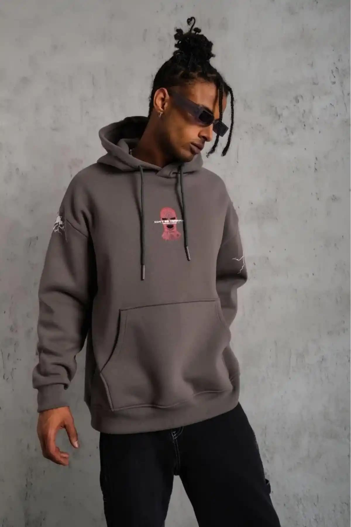 Erkek 3 İplik Pamuklu Kapüşonlu Baskılı Cepli Oversize Sweatshirt Hoodie - Gri