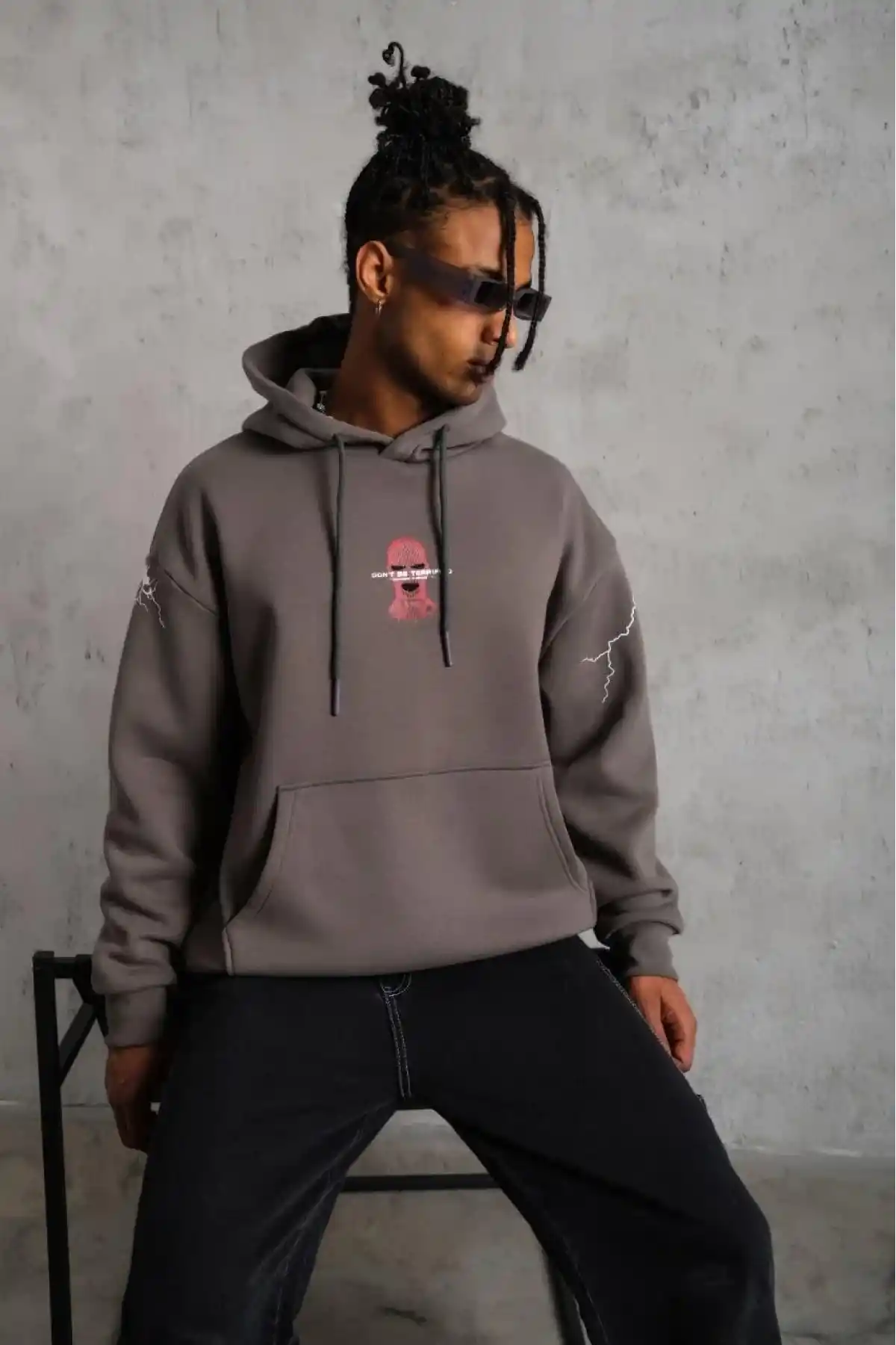 Erkek 3 İplik Pamuklu Kapüşonlu Baskılı Cepli Oversize Sweatshirt Hoodie - Gri