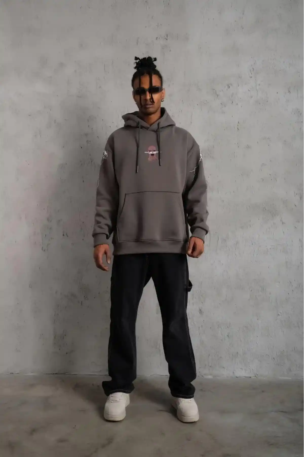 Erkek 3 İplik Pamuklu Kapüşonlu Baskılı Cepli Oversize Sweatshirt Hoodie - Gri