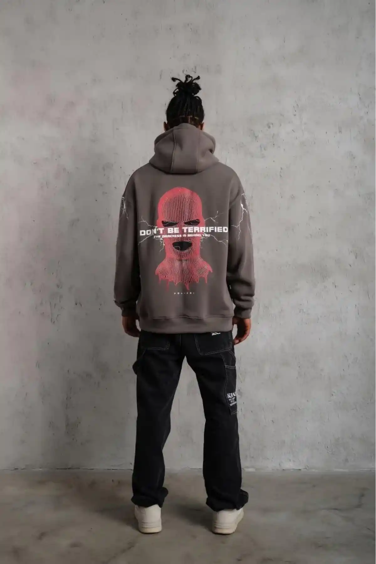 Erkek 3 İplik Pamuklu Kapüşonlu Baskılı Cepli Oversize Sweatshirt Hoodie - Gri