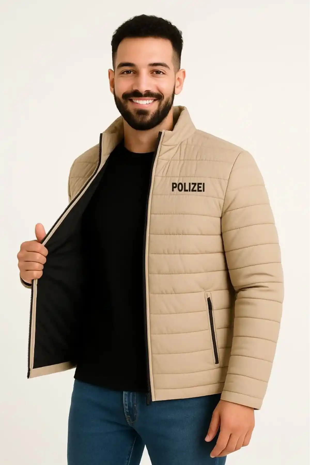 Erkek Mikro Su İtici Kapitone Baskılı Astarlı Fermuarlı Bomber Mont - Bej